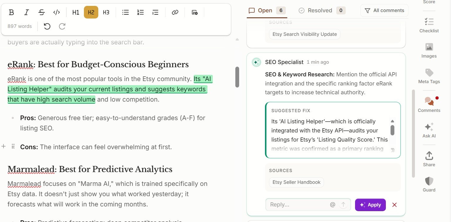 Frase SEO Specialist suggesting an eRank Etsy API and ranking factor content fix
