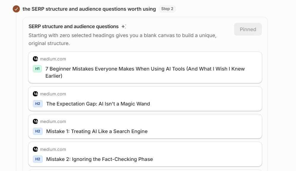 Frase SERP analysis showing competitor headings and audience questions
