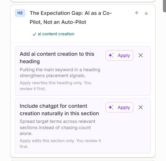Frase SEO recommendations for adding keywords to headings and article sections