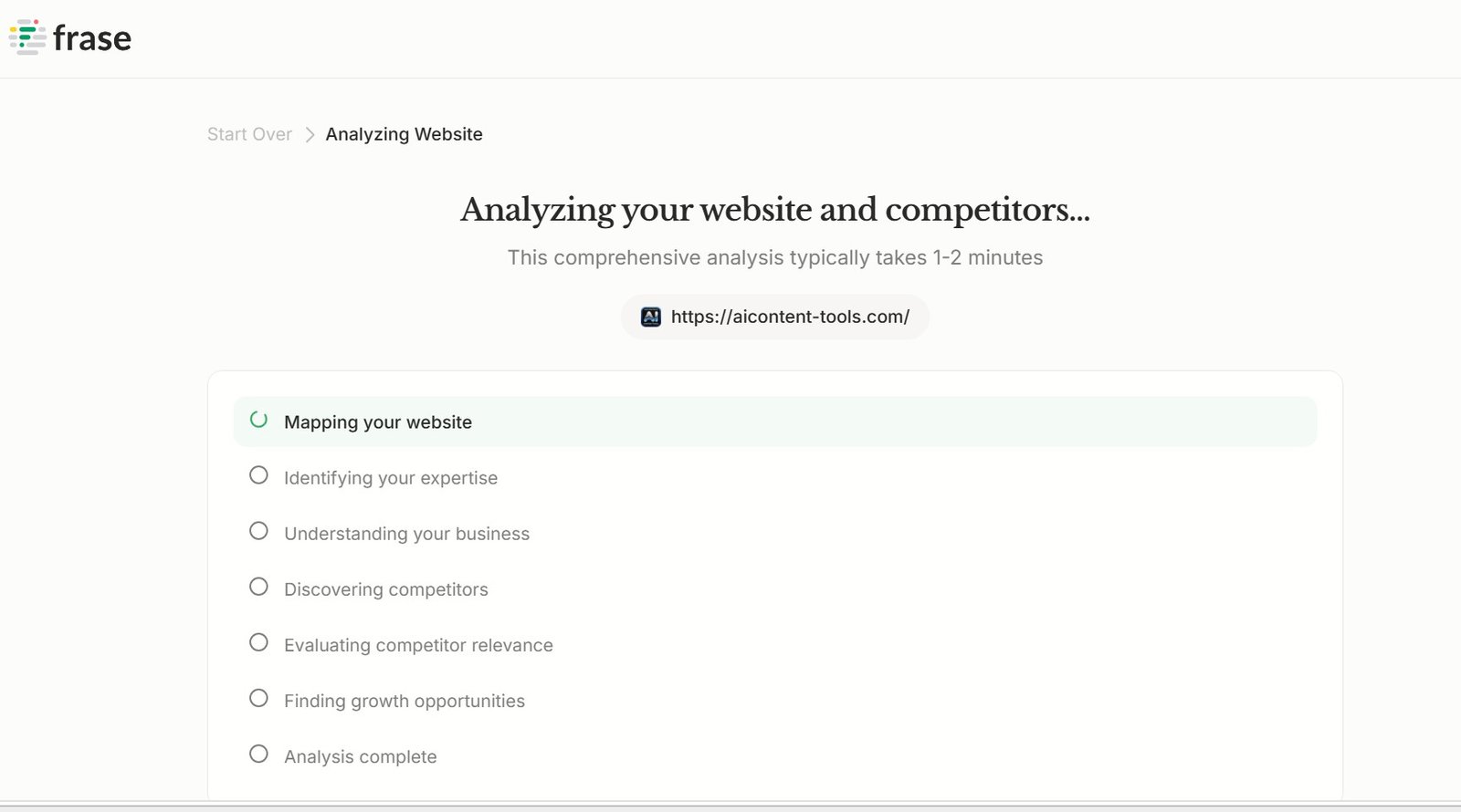 Frase analyzing website pages topics and competitors