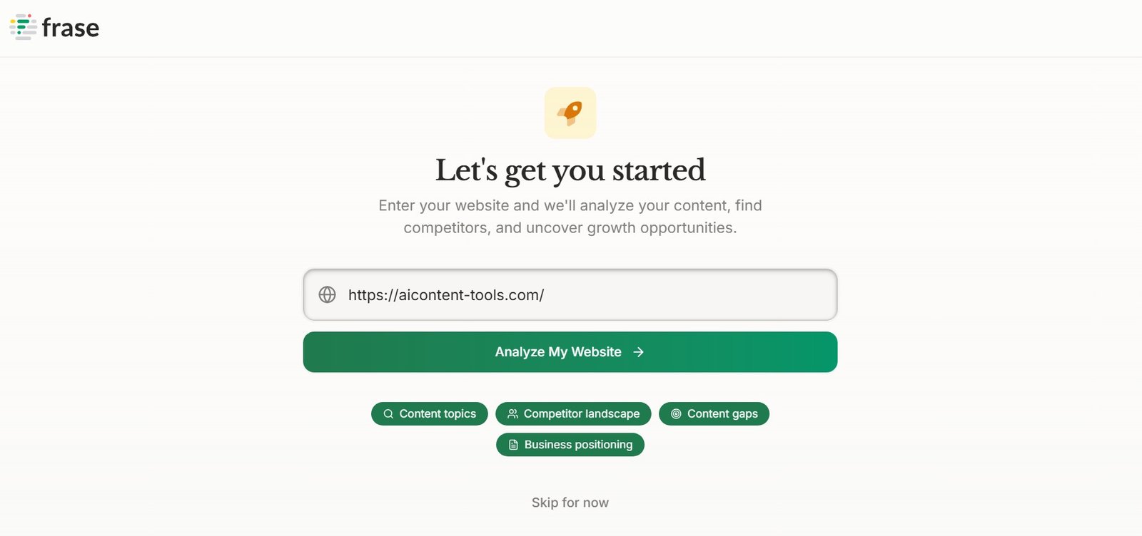 Frase Website Analysis setup with website URL ready for an SEO audit