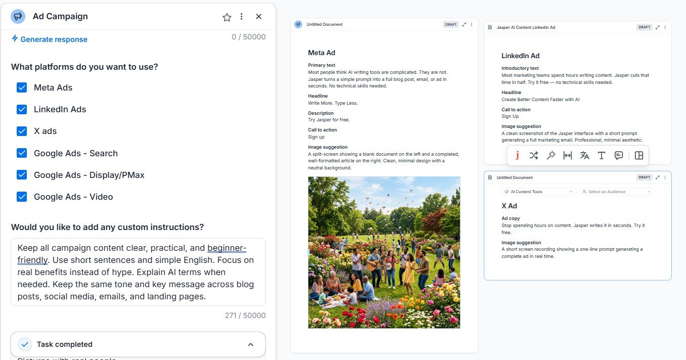 Jasper generated Meta, LinkedIn and X advertising assets in one campaign workflow.