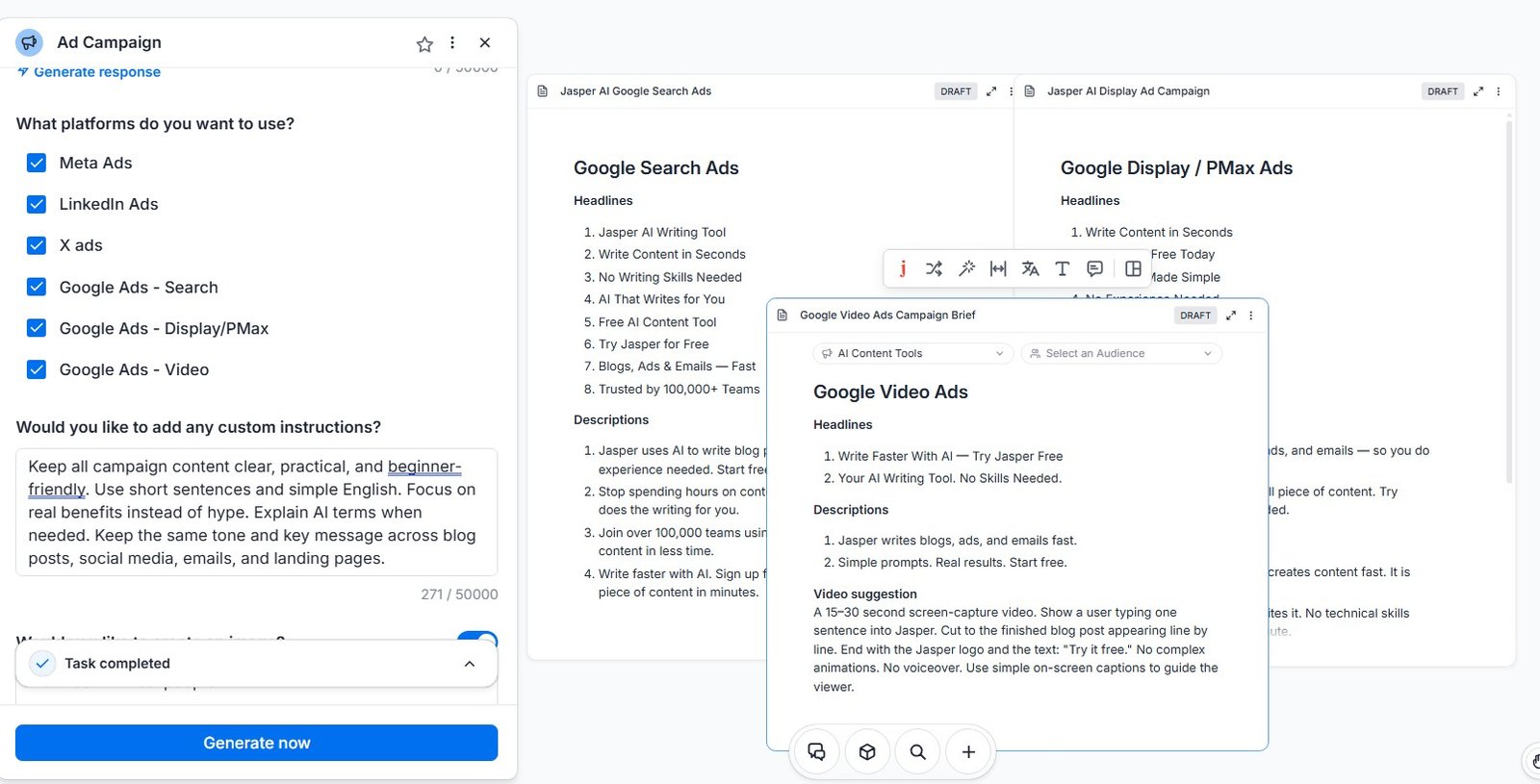 Jasper Ad Campaign Agent generating Google Search, Display and Video advertising content.