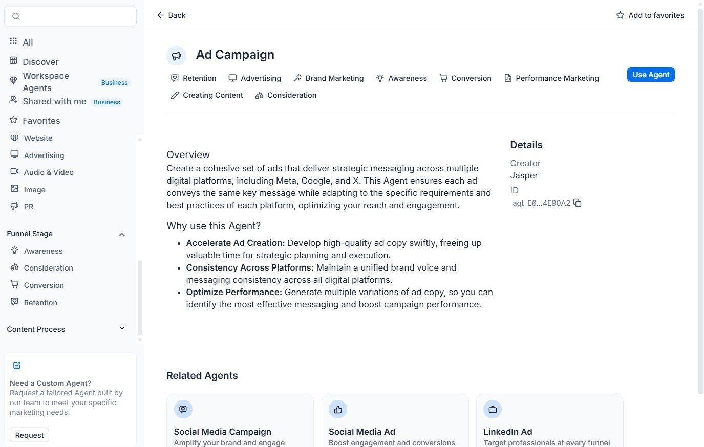 Jasper Ad Campaign Agent overview showing its marketing capabilities.
