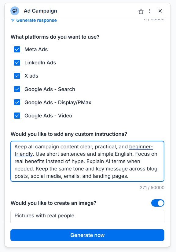 Jasper Ad Campaign Agent with advertising platforms and custom campaign instructions selected.