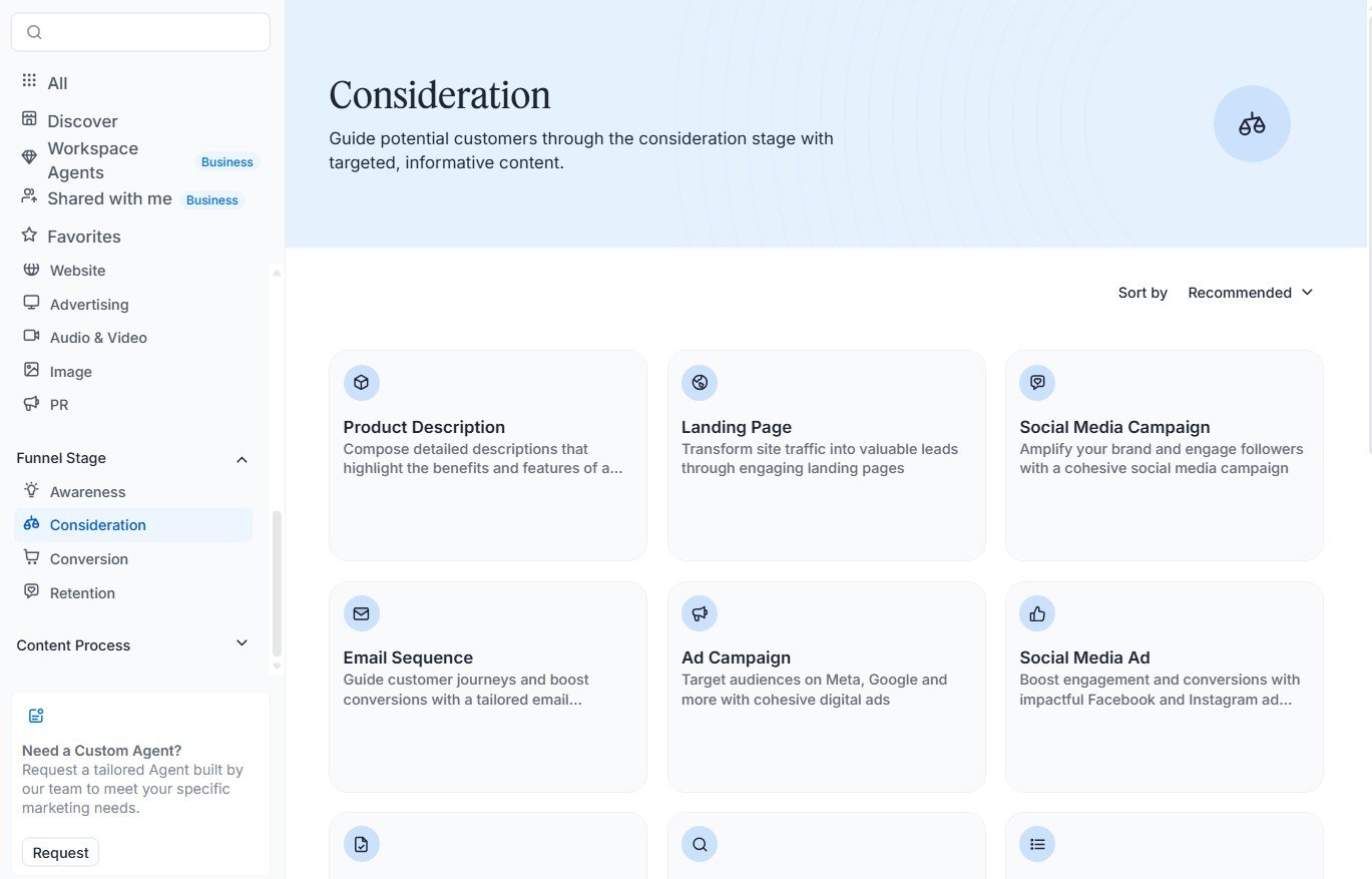 Jasper Agent Library showing marketing agents for the consideration stage.