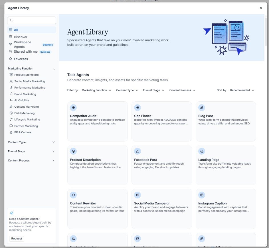 Agent library with marketing automation and content creation tools in Jasper