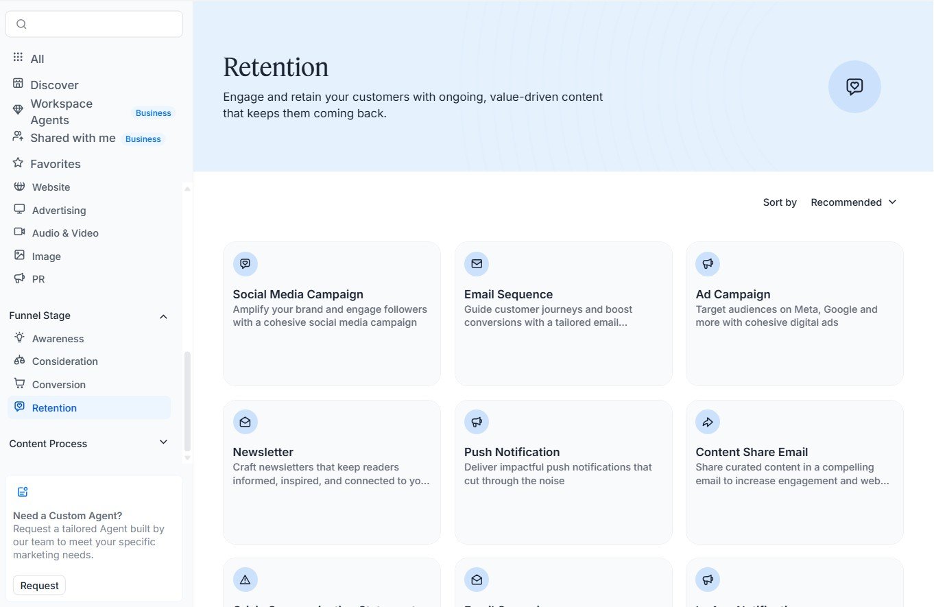 Jasper Agent Library showing retention and customer engagement agents.