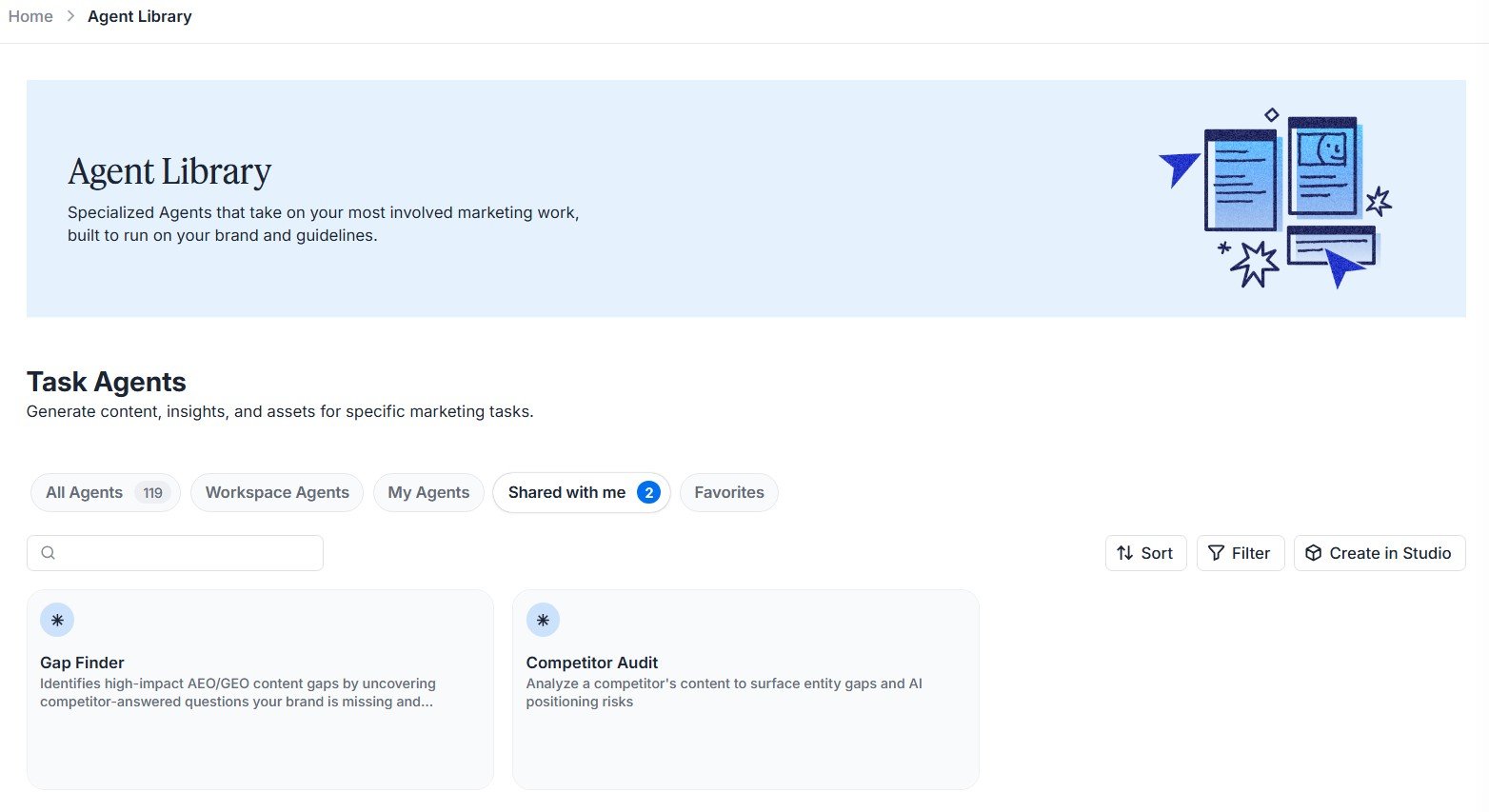 Jasper Agent Library dashboard with specialized marketing task agents.