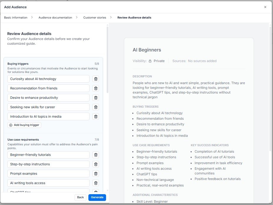 Audience profile summary for beginner AI users created in Jasper
