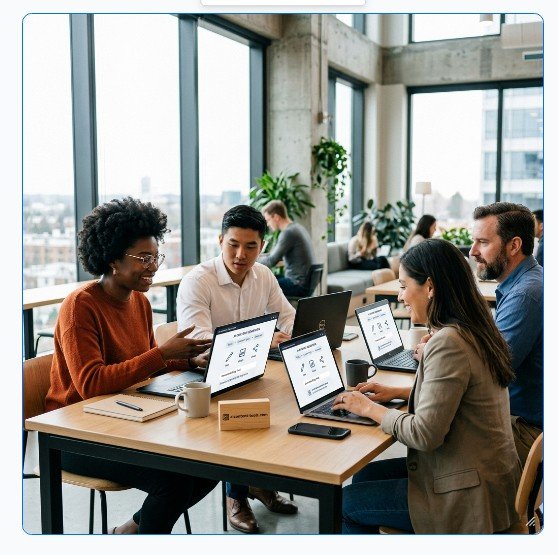AI-generated team workspace image created during our Jasper testing.