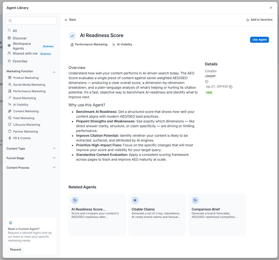 Overview of Jasper AI Readiness Score agent and its AI search analysis capabilities.