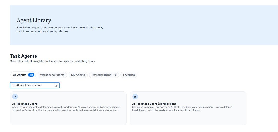 Searching for Jasper AI Readiness Score agent inside the Agent Library.