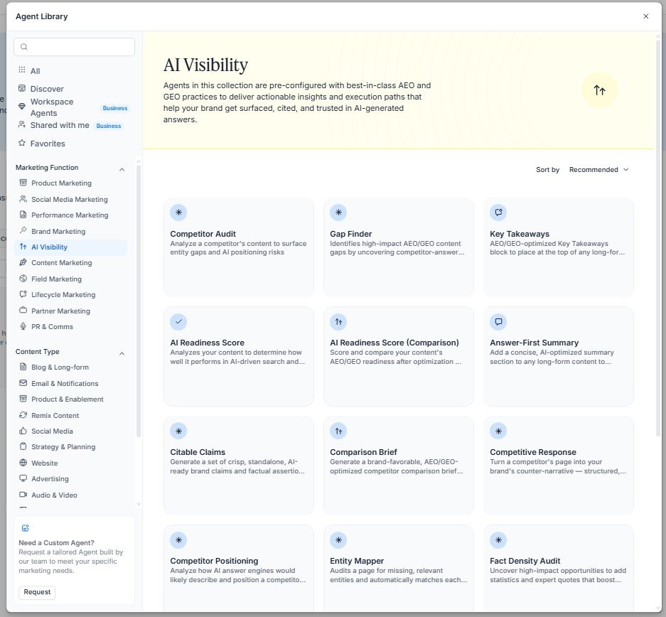 AI Visibility category showing AEO and GEO optimization agents in Jasper