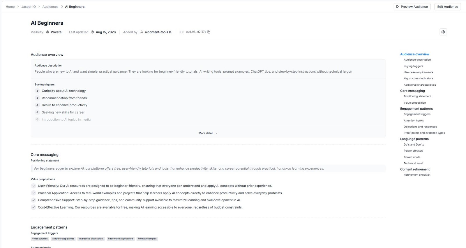 Jasper Audience profile for AI Beginners with buying triggers, messaging and engagement information.
