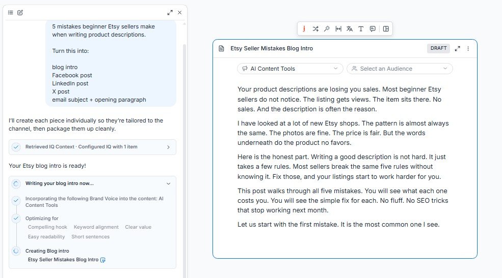 Blog introduction automatically generated from a single user prompt in Jasper.