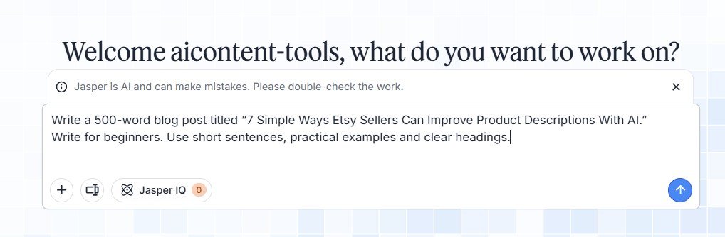 Jasper AI prompt screen showing a request to generate a 500-word blog post about improving Etsy product descriptions with AI.