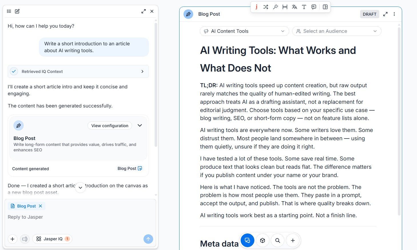 Jasper generating an article introduction with the AI Content Tools Brand Voice enabled.