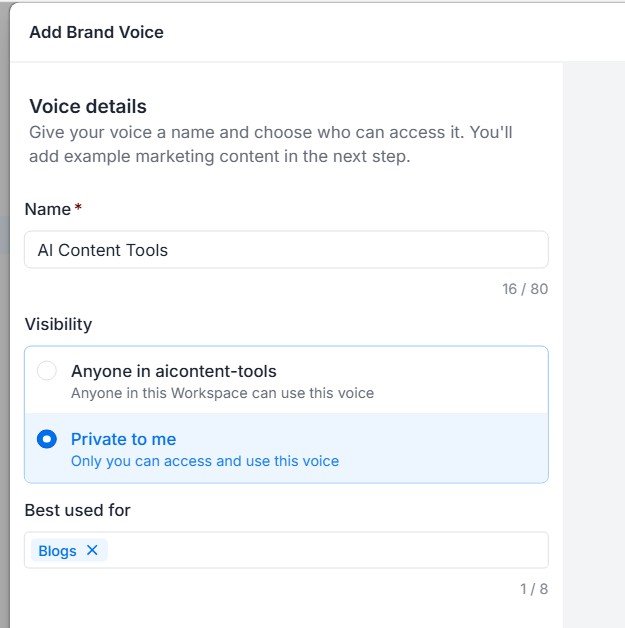 Jasper Brand Voice creation screen showing the AI Content Tools voice name, visibility and content type settings.