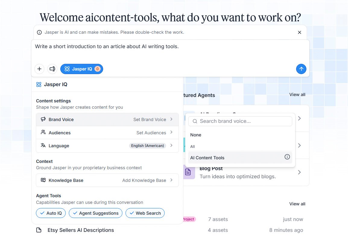 Jasper IQ settings showing the AI Content Tools Brand Voice profile with audience, knowledge and language options.