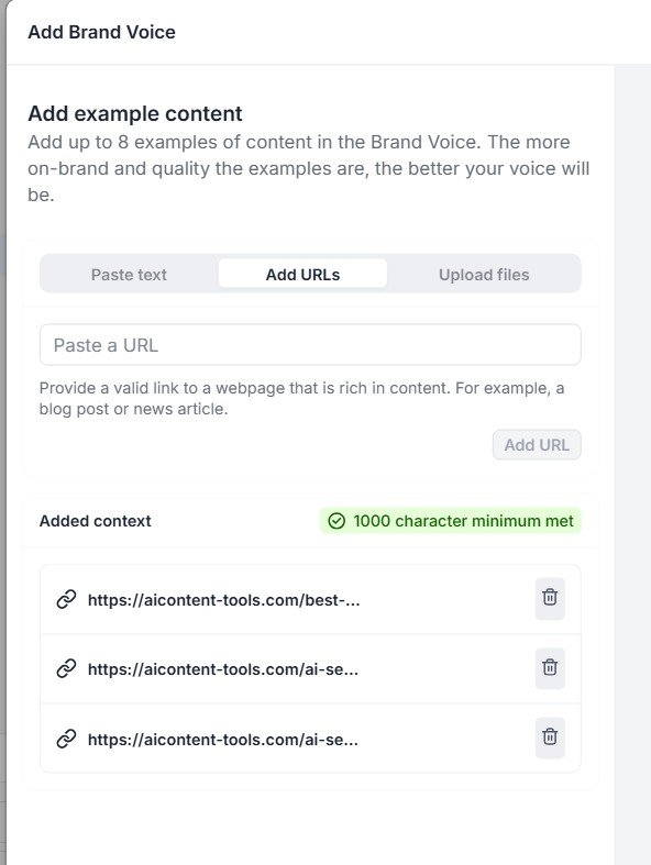 Jasper Brand Voice training screen using AIContent-Tools.com article URLs as writing style samples.