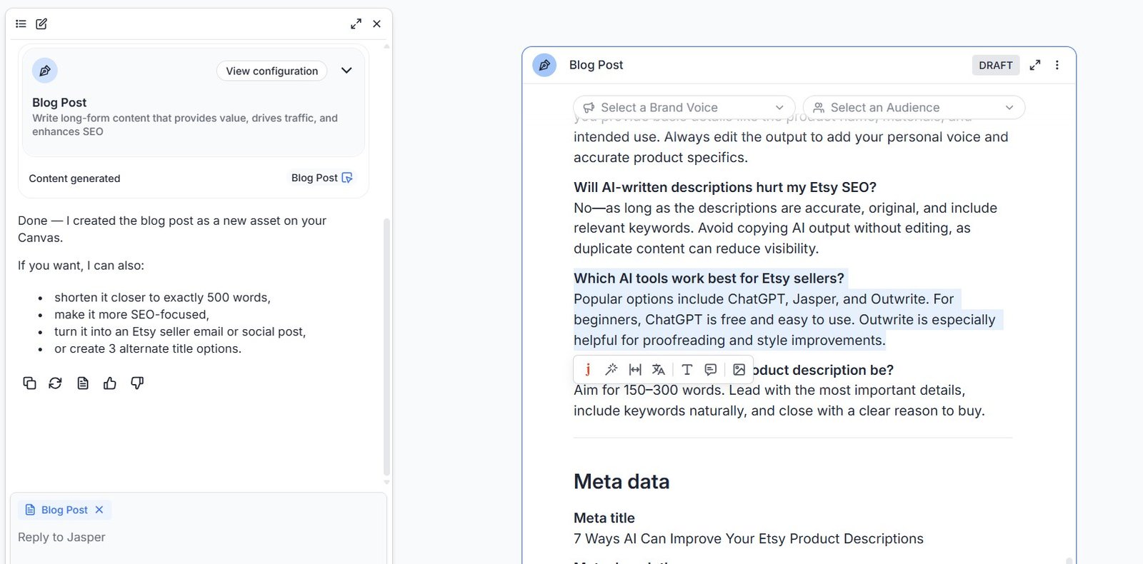 Completed Jasper blog post with follow-up options to shorten content, improve SEO, create social posts and generate titles.