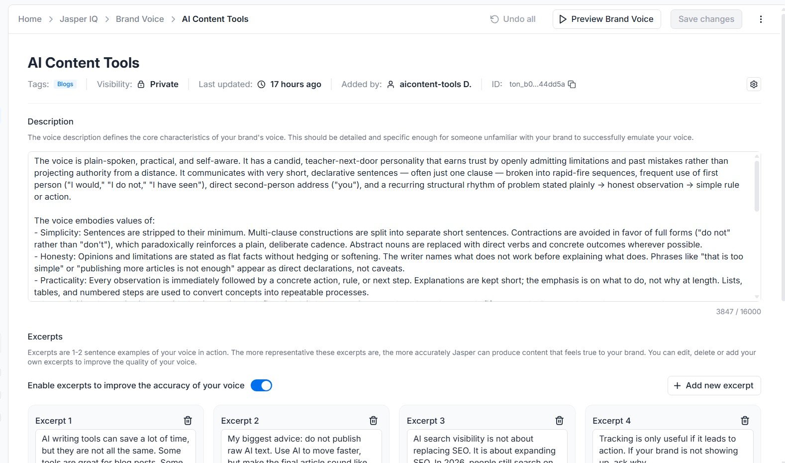 Completed Jasper Brand Voice profile showing style analysis, tone description and writing excerpts for AI Content Tools.