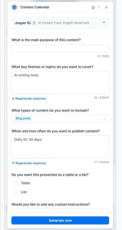 Jasper Content Calendar form with content goals, topics, publishing schedule and output format.