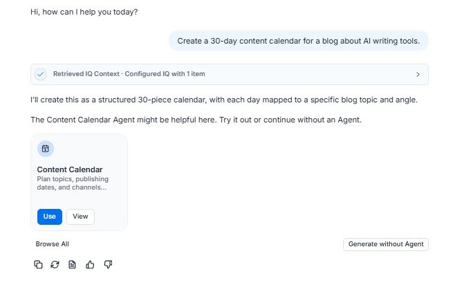 Jasper recommending the Content Calendar agent for planning blog content