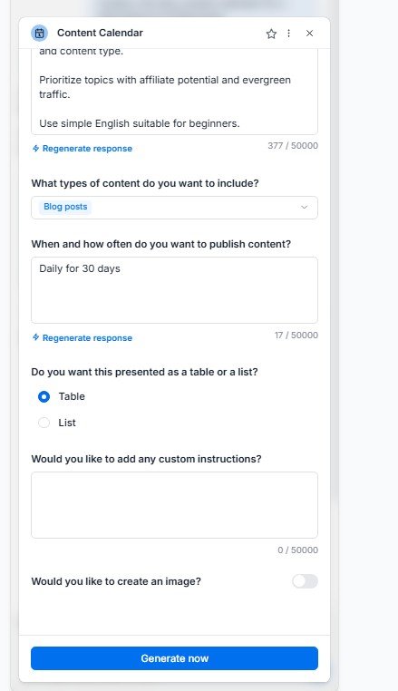 Jasper custom instructions for a 30-day AI writing tools content calendar.