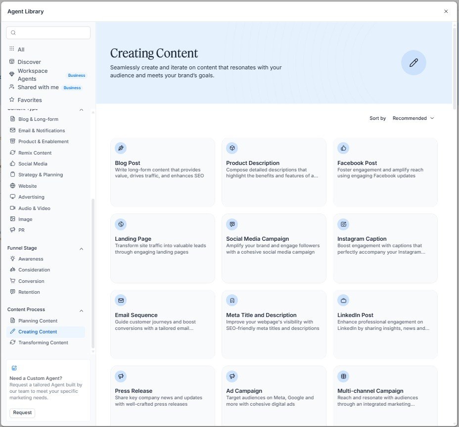 Jasper Content Creation Agents for blogs, social media posts, landing pages and marketing assets.