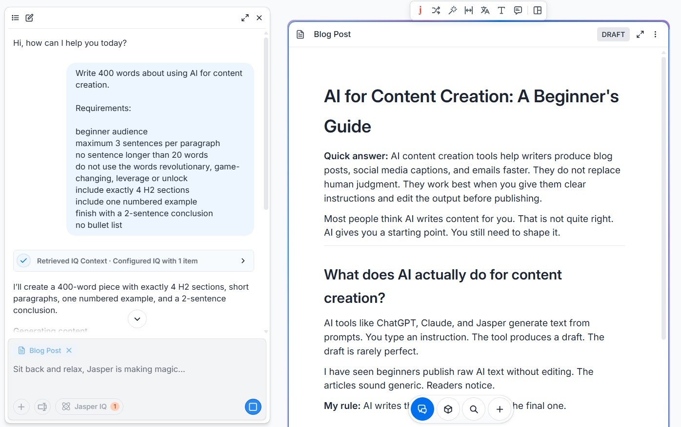 Complex Jasper prompt with detailed formatting, sentence length, banned words and structural requirements.