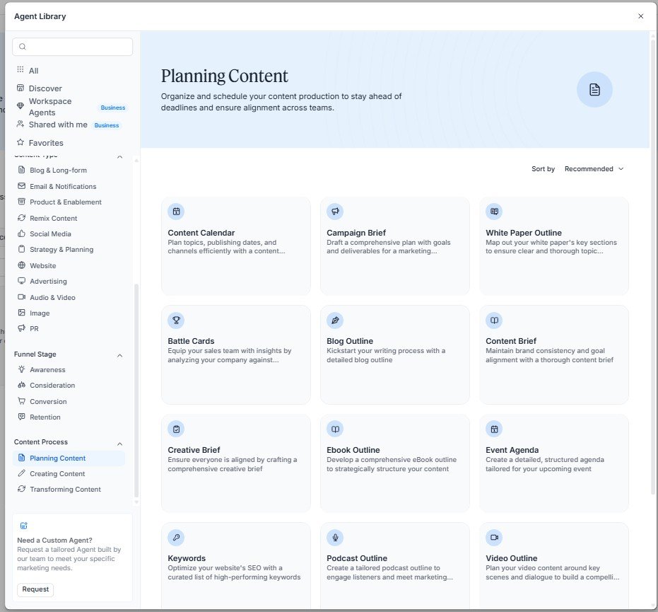 Jasper Content Planning agents for calendars, briefs, outlines and marketing strategy.