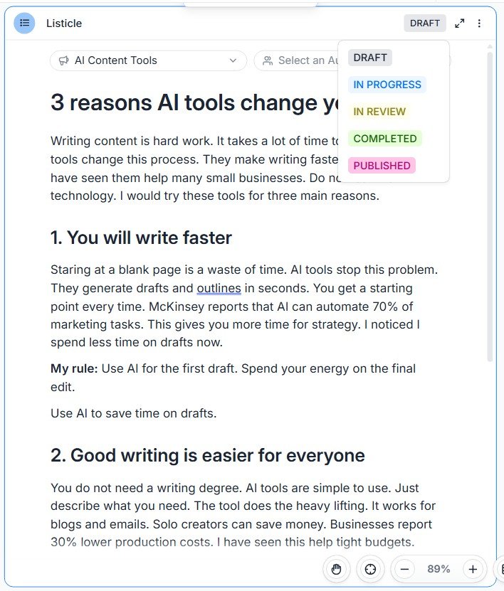Jasper content editor showing Draft, In Progress, In Review, Completed and Published workflow statuses.