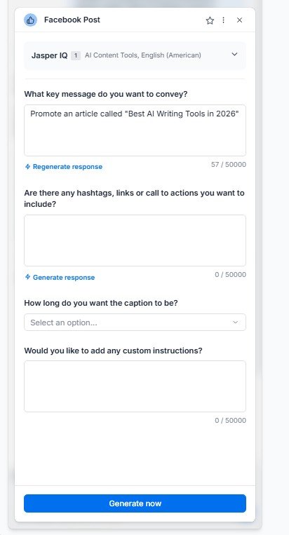 Facebook Post agent form requesting key message, hashtags, CTA, and caption length