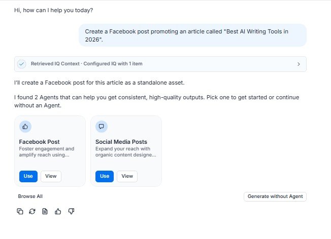 Jasper recommending Facebook Post and Social Media Post agents after analyzing a promotion request.