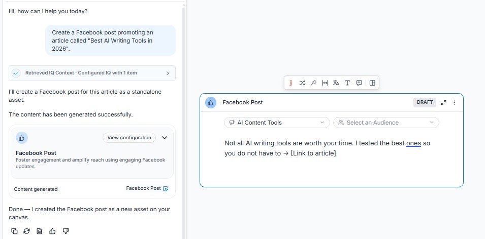 Generated Facebook post promoting an AI writing tools article