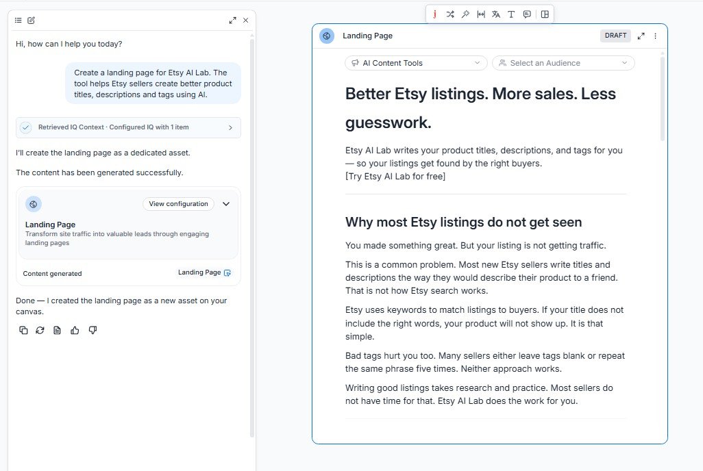 Landing page generated by Jasper promoting Etsy AI Lab for Etsy sellers