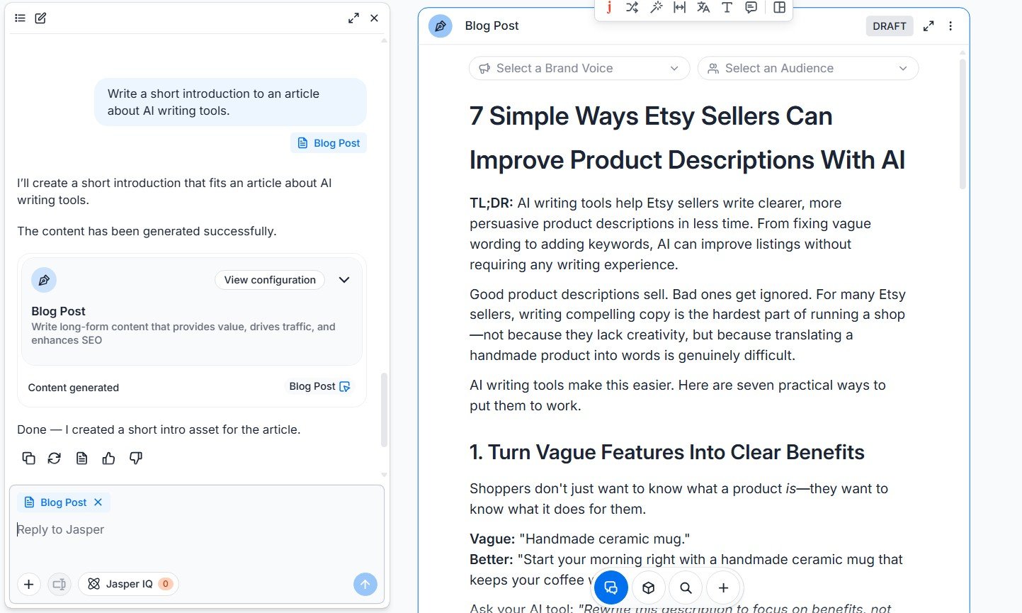 Jasper generated a short introduction to an article about AI writing tools from a simple prompt.