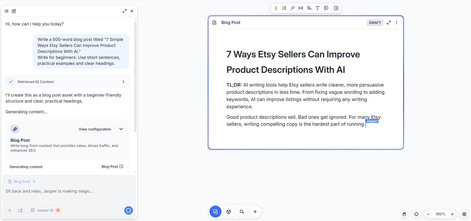 Jasper generating a blog post from an Etsy AI prompt inside Canvas with IQ context and Blog Post agent active.