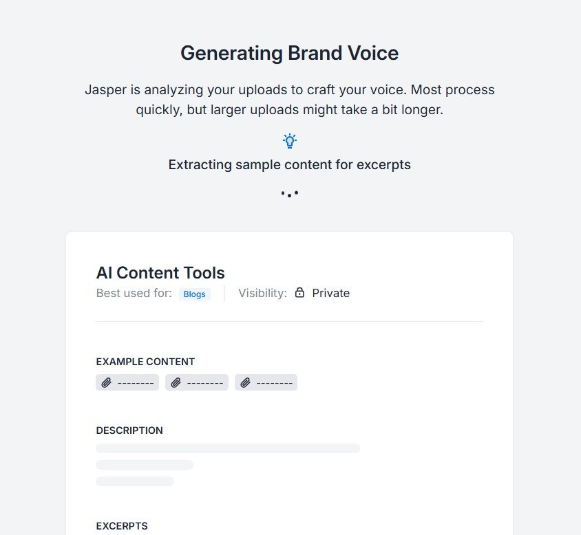 Jasper analyzing submitted content samples while generating a custom AI Content Tools Brand Voice.