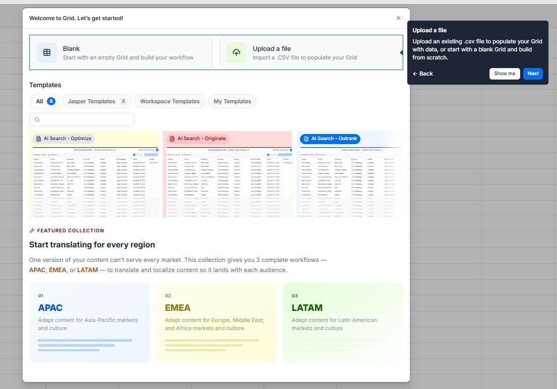 Jasper Grid template library with workflow setup and CSV upload options.