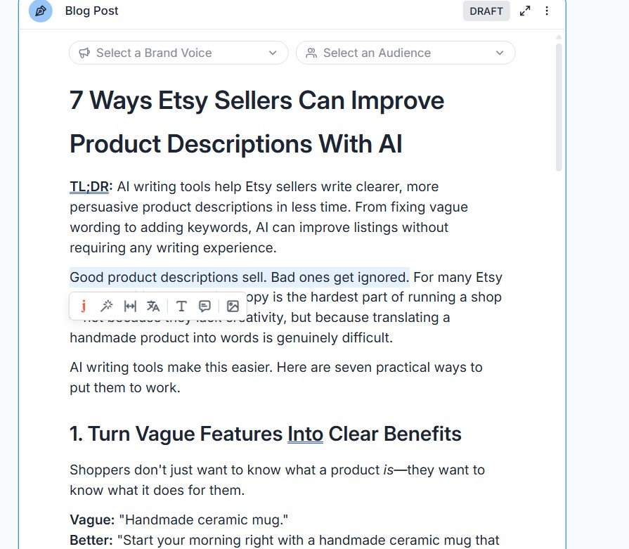 Highlighted Jasper-generated sentence showing a generic marketing claim in an AI-written Etsy article.