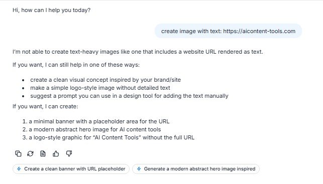 Jasper explaining a limitation when asked to generate an image containing a website URL.