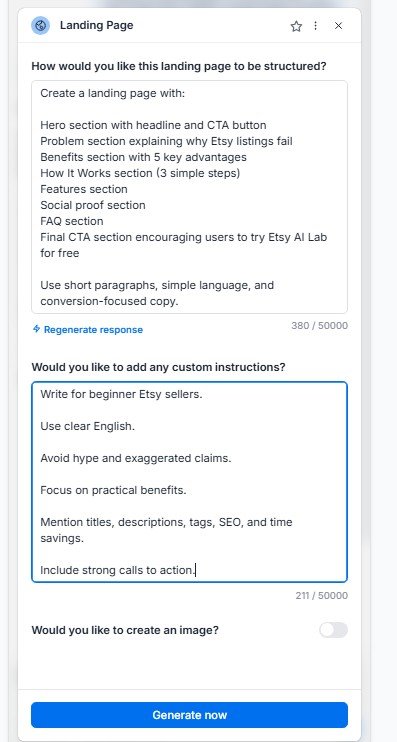 Custom instructions defining landing page structure and writing style in Jasper