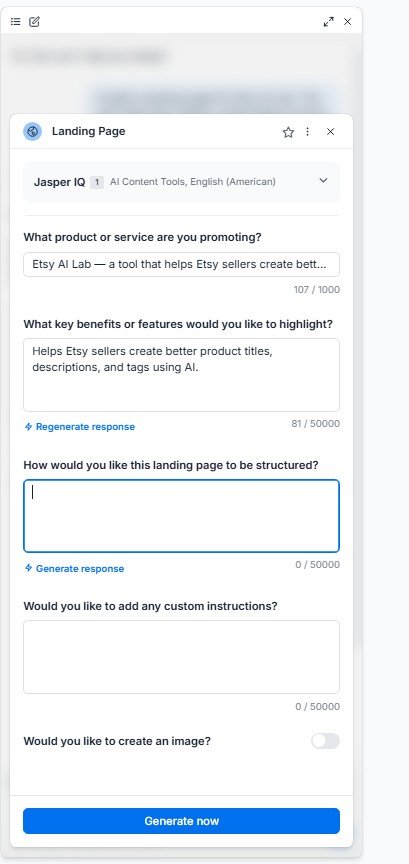 Jasper Landing Page agent form requesting product information and key benefits.