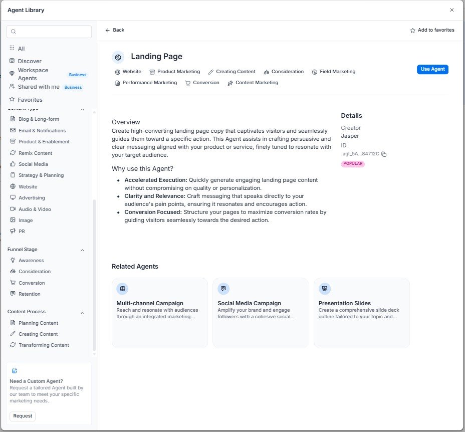 Jasper Landing Page Agent overview describing conversion-focused landing page creation.