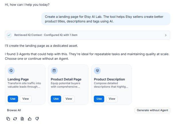 Jasper recommending Landing Page, Product Detail Page, and Product Description agents