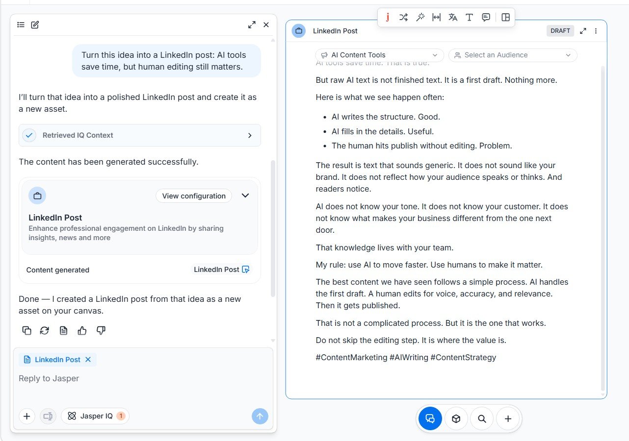 LinkedIn post generated by Jasper using the AI Content Tools custom Brand Voice.