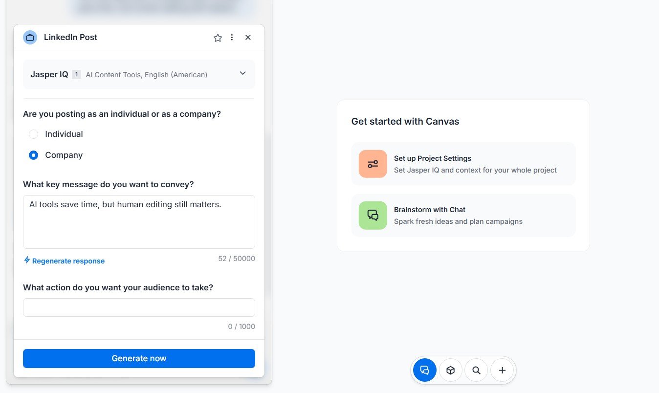 Jasper LinkedIn Post generator configured with the AI Content Tools Brand Voice.